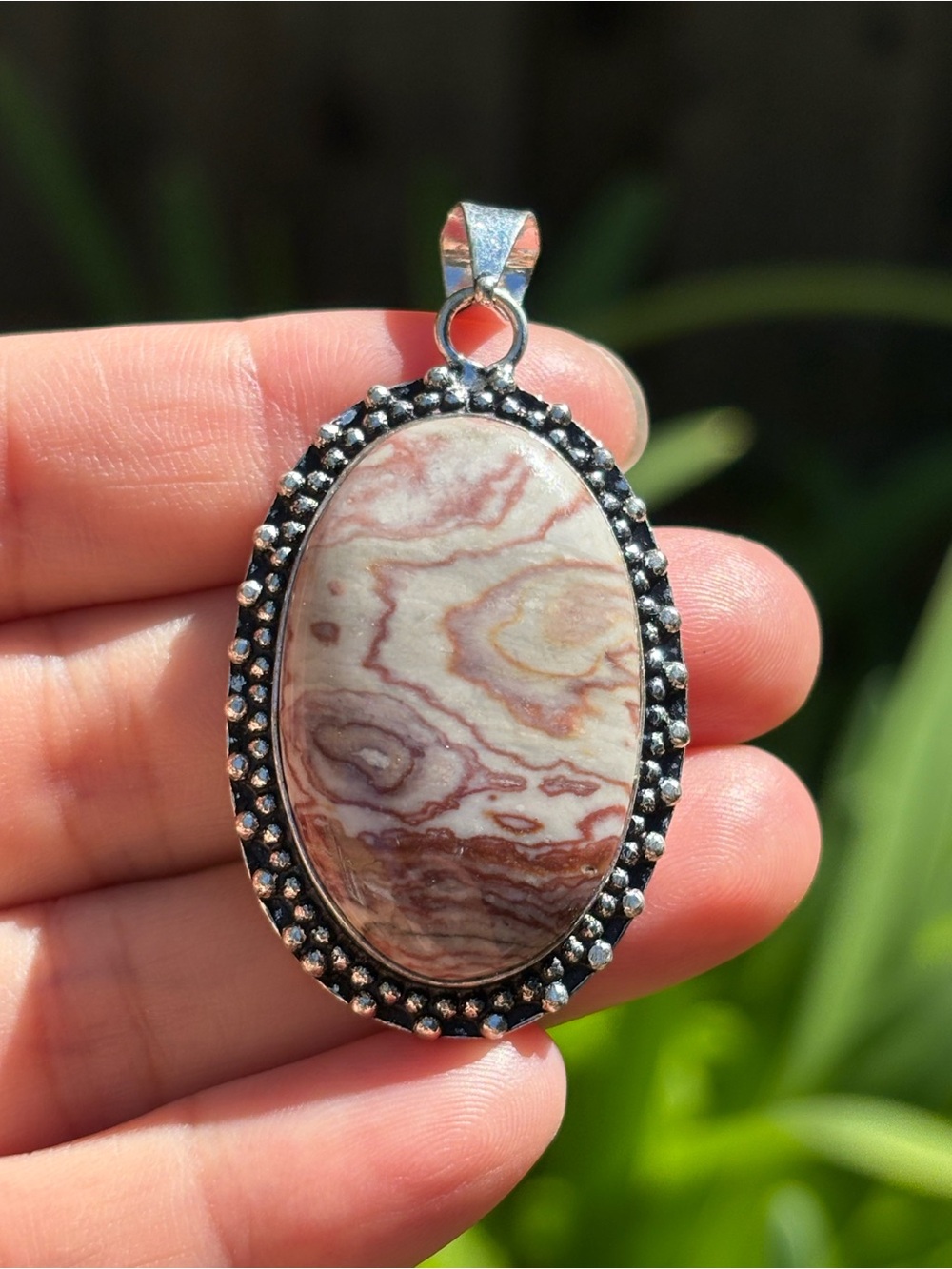 Sterling Silver Jasper Oval Pendant Necklace - Pink and Cream Stone